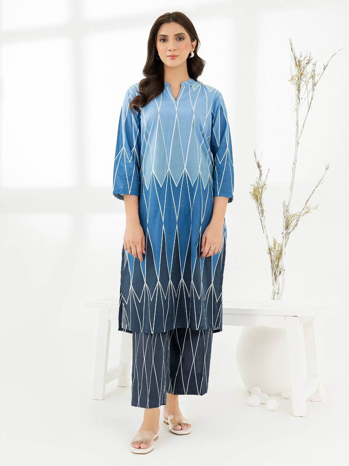 Sky Mesh Print Stitched 2Pcs